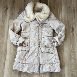 Ladies Womens Beige Rain Coat Jacket Fur Collar & Bow Pockets by sz Small